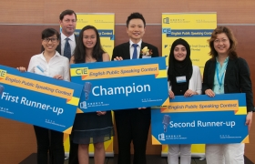 The adjudicators and winners from left to right: Ms. Poon Kwan Yi (1st Runner-up) ,Dr. Warren Linger (CIE Lecturer), Ms. Wendy Mcleod (Champion), Dr. Sam Lau (Director of CIE) , Ms. Aneezia (2nd Runner-up) and Dr. Vicky Lee (Associate Head of CIE).