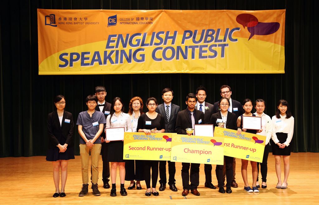 (Back row) Mr. Desmond So, Founder of East-West Institute of Applied Etiquette (2nd from right,), Dr. Sam Lau, Director of CIE (middle), Dr. Vicky Lee, Associate Head of CIE(2nd from left), Dr. Lucas Scripter, Lecturer of CIE (far right) and the winners.