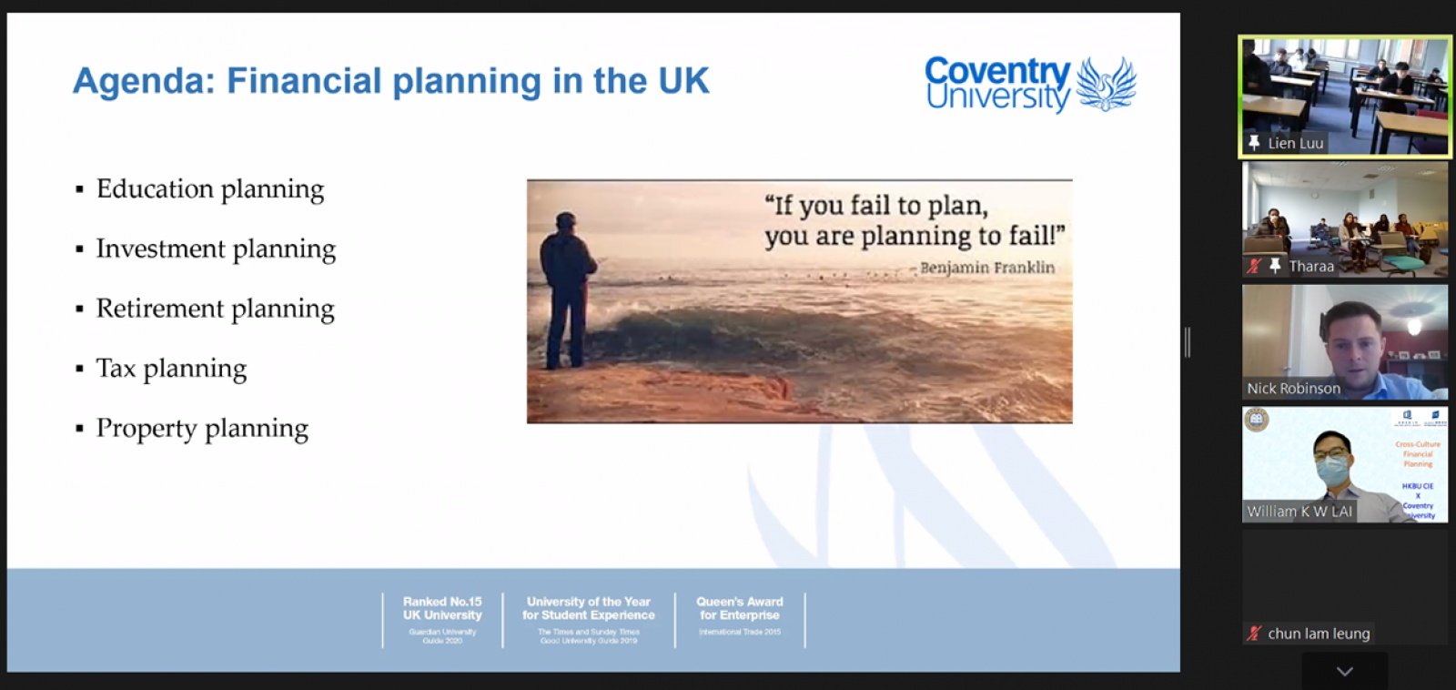 Students from the Business Division of CIE and Coventry University participated in an online cross-cultural financial planning lecture.